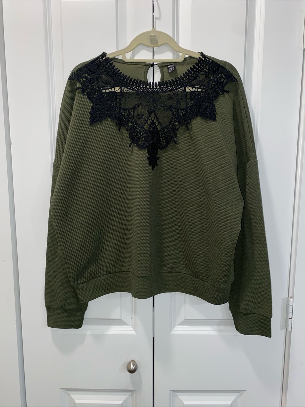 SHEIN Olive Green Sweatshirt with Black Lace Yoke